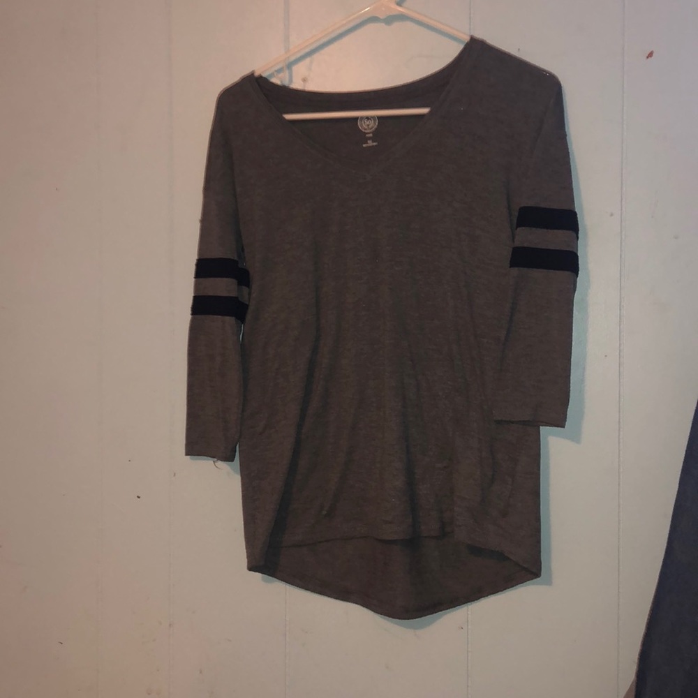 long sleeved grey shirt with 2 stripes on each arm